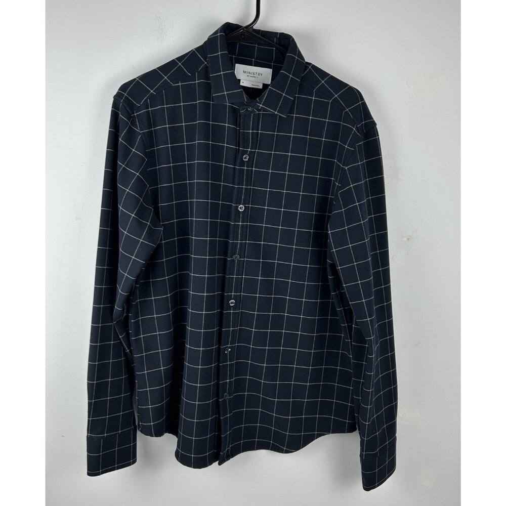 Ministry of Supply Shirt Mens Medium Blue Check Fusion Flannel Button Up Preppy